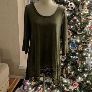 Olive 3/4 sleeve Tunic Top with Lace Detail